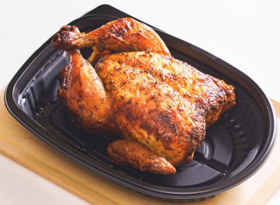 rotisserie chicken in plastic container