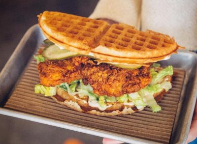 Bruxie chicken waffle sandwich