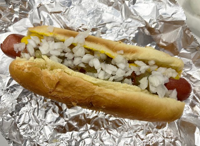 Diced onions atop Costco's famous hot dog 