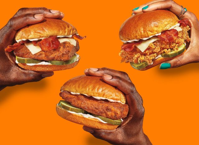 Popeyes Blackened Chicken Sandwich and bacon and cheese sandwiches