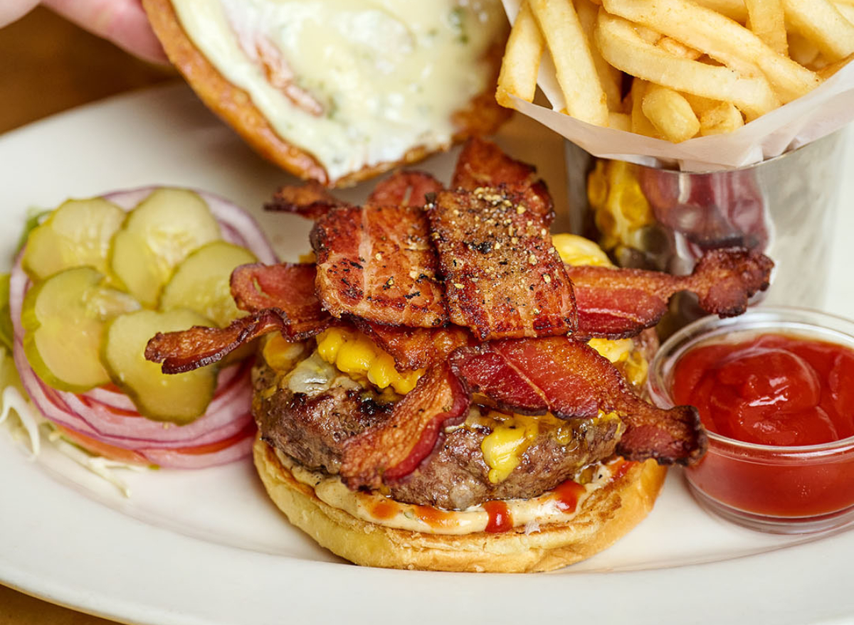 cheesecake factory bacon-bacon cheeseburger, fries, and ketchup