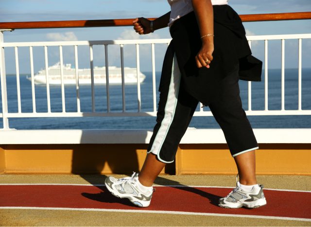Close-up of a walk on a cruise ship around the track for exercise