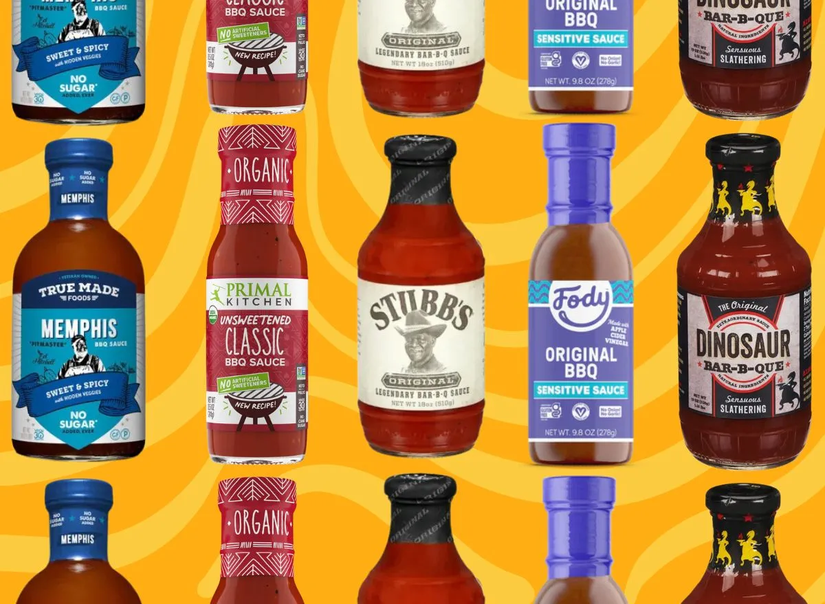 various bottles of bbq sauce on a yellow background