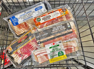 Bacon brands in a shopping cart