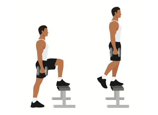 man doing dumbbell step-ups, concept of ab exercises for strong core