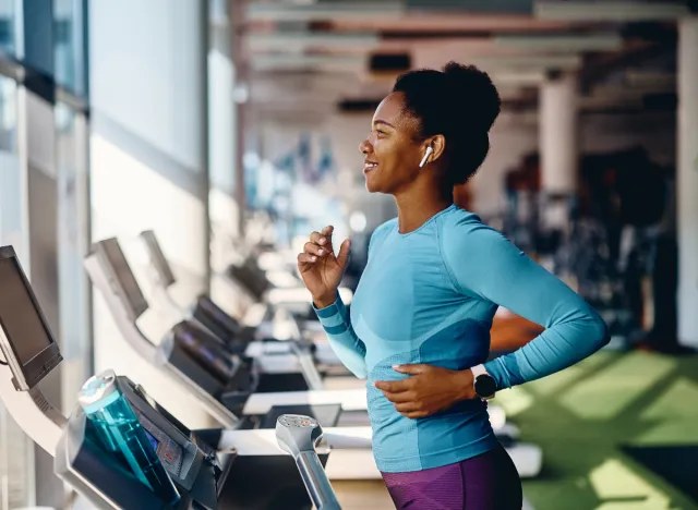 fit woman running on treadmill, concept of exercise and nutrition tips for women in their 40s