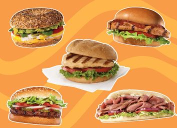 five fast-food sandwiches on an orange background