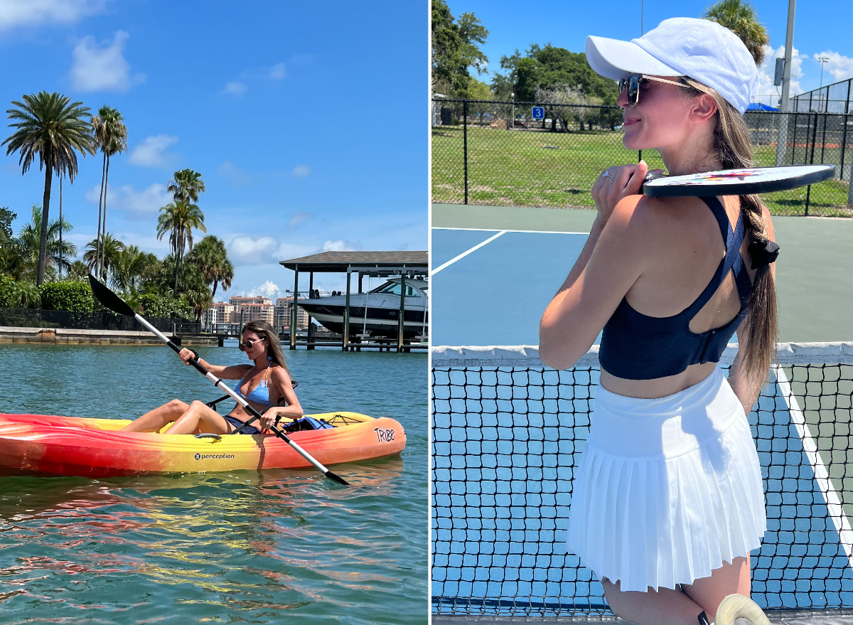 kayaking and pickleball split image