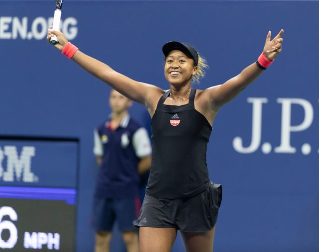 Naomi Osaka of Japan celebrates victory in US Open 2018 semifinal.