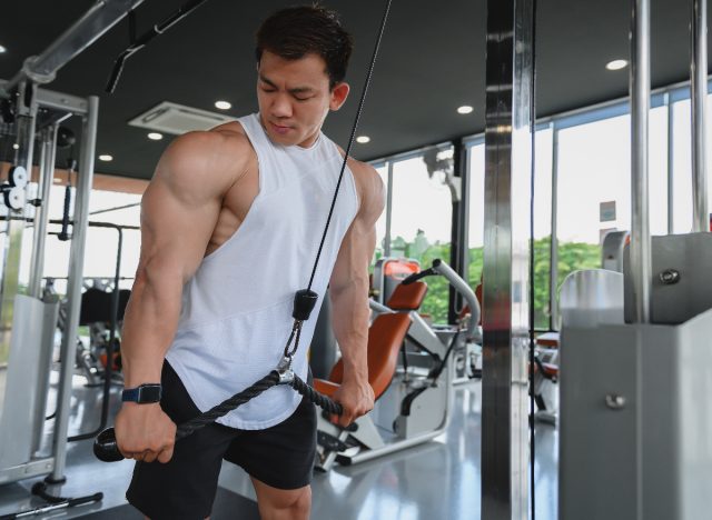 cable tricep pushdown, daily strength exercises for men to build defined arms