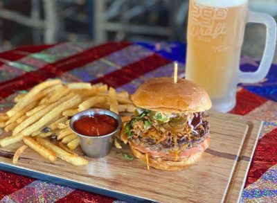 twin peaks' burger, fries, and beer