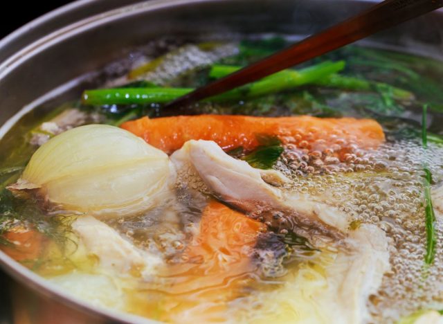 Chicken stock in a pot