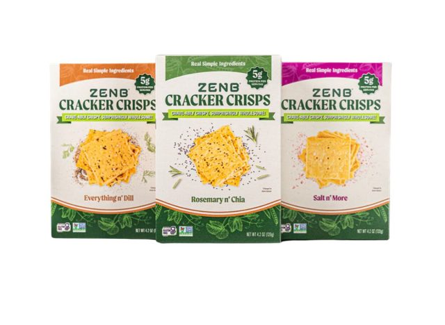three packages of Zenb crackers on a white background