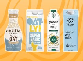best healthy oat milk brands collage on orange designed background