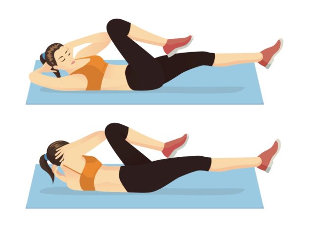 woman doing bicycle crunches, concept of floor workouts to melt belly fat