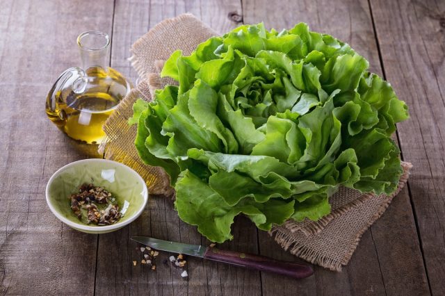 Single butter lettuce head, oil and seasoning over rustic wooden background