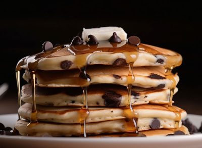 stack of chocolate chip pancakes with maple syrup
