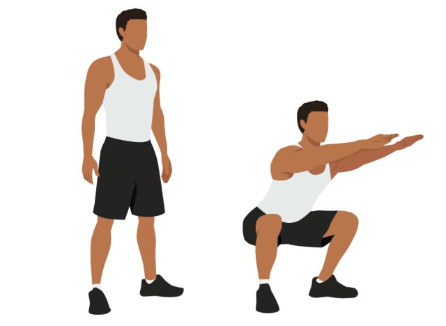 man doing squats, concept of workouts to deflate belly bounce