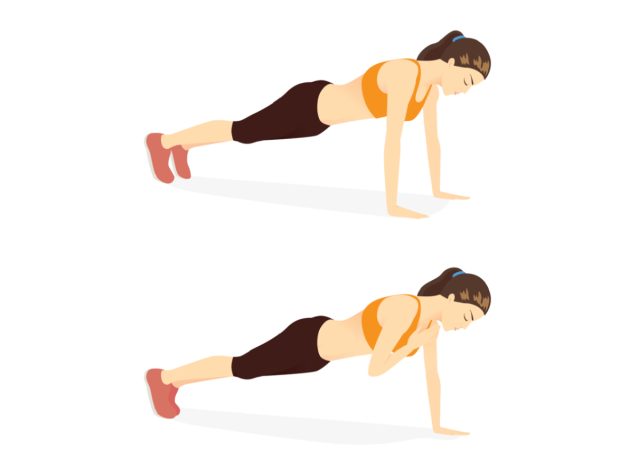 plank shoulder taps, concept of at-home workouts to melt turkey wing arm fat