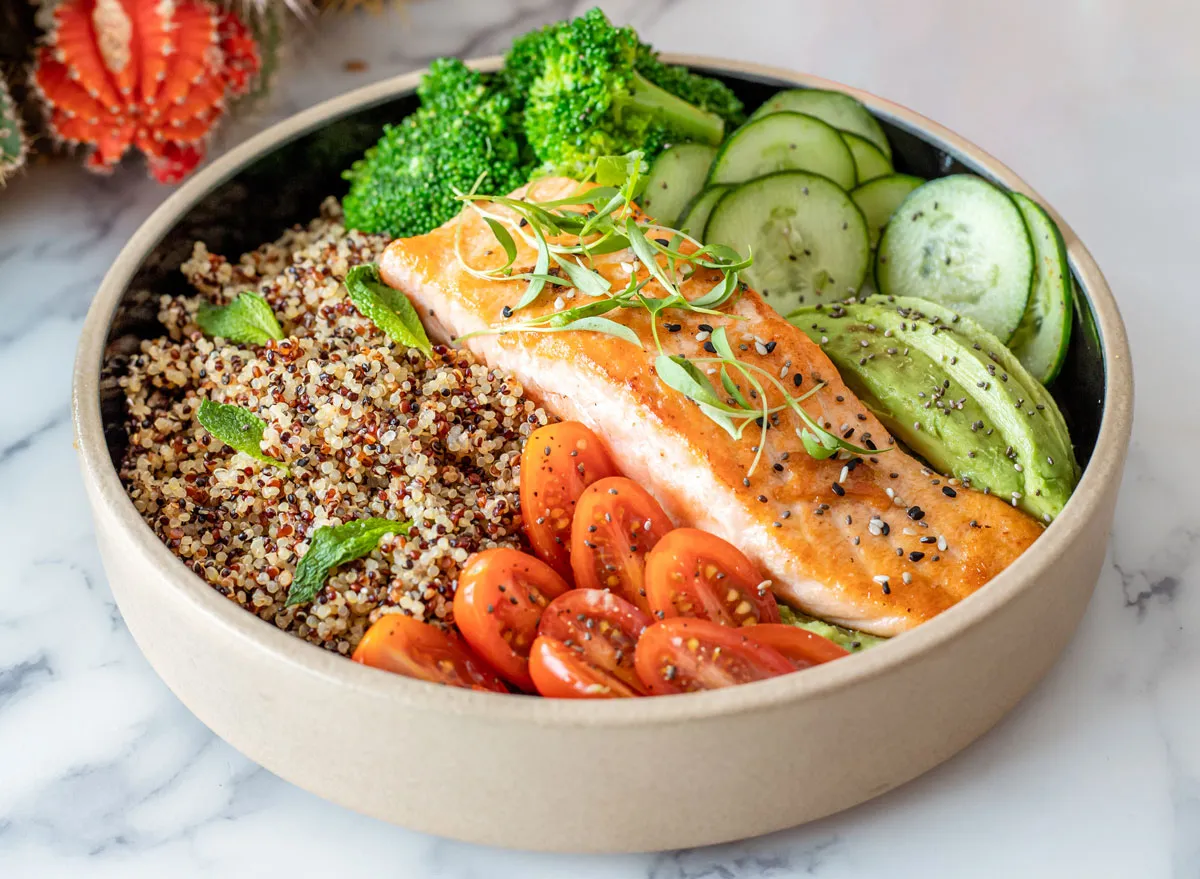 quinoa salmon tomato broccoli cucumber avocado lunch or dinner bowl