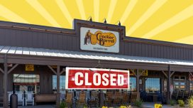 a photo of a cracker barrel restaurant storefront with a big "closed" sign on a designed yellow striped background