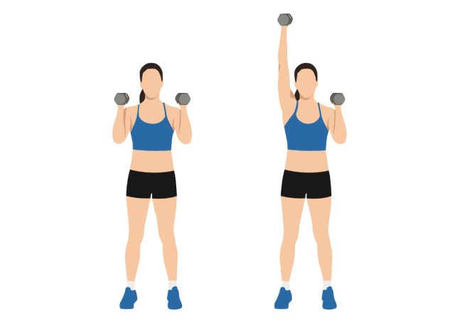 single-arm overhead dumbbell press, concept of weight-bearing exercises for adults