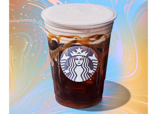 starbucks chocolate cream cold brew with caramel syrup in a caramel lined cup