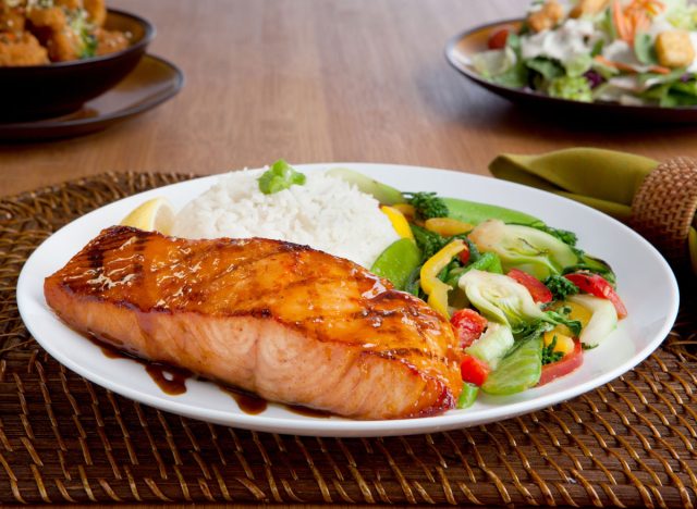 terriyaki miso salmon with a side of rice and veggies healthy chinese food