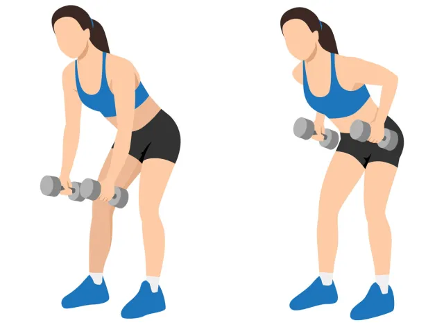 Woman doing Dumbbell bent over row, concept of ab exercises for strong core