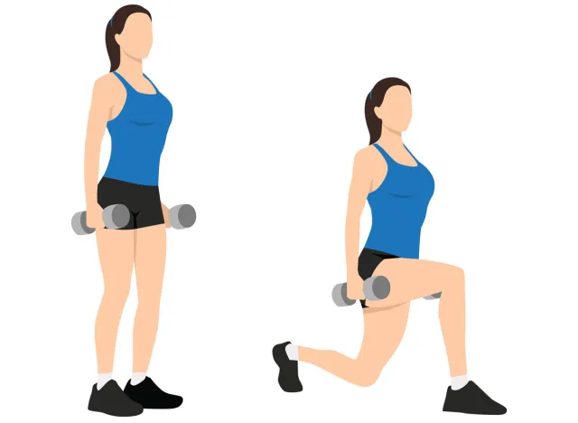 woman Weighted Lunges, dumbbell exercises for full-body strength