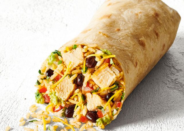 mexican style burrito with chicken, beans, veggies and cheese