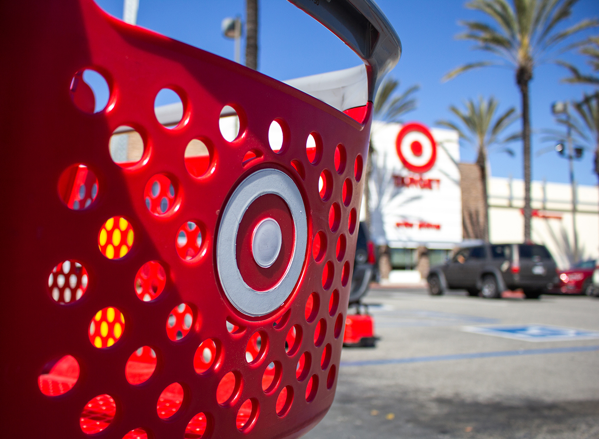 A view of a shopping cart parked in front of a Target department store