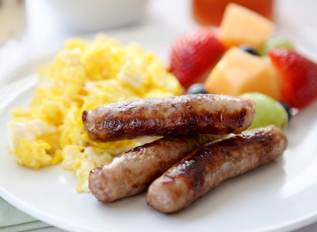 breakfast sausage with eggs and side of fruit