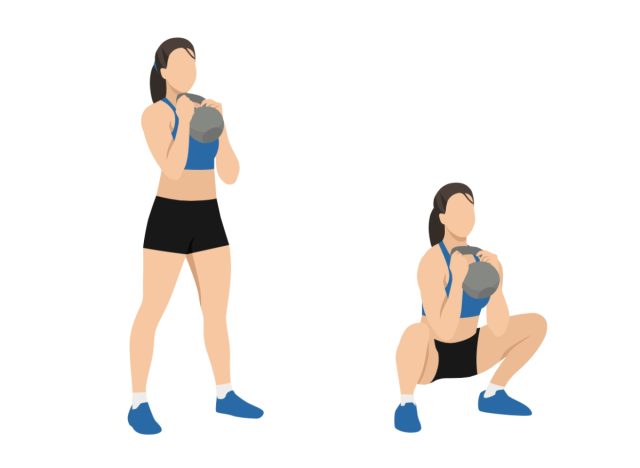 kettlebell goblet squats, concept of strength workouts to boost muscular endurance