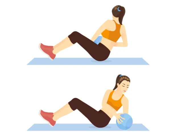 Russian twist with medicine ball, concept of strength workouts to boost muscular endurance