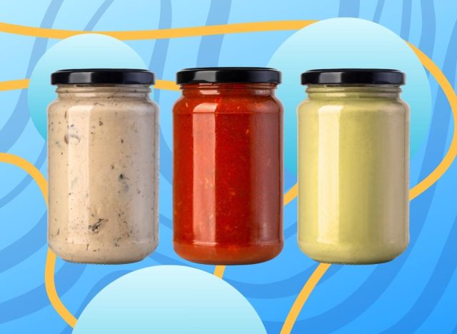 collage of generic pasta sauces on a designed blue and yellow background