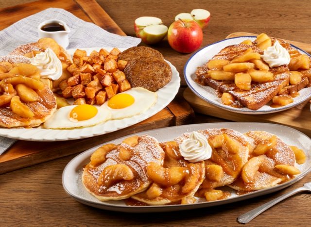 bob evans' caramel apple pancakes, french toast, eggs, and sides