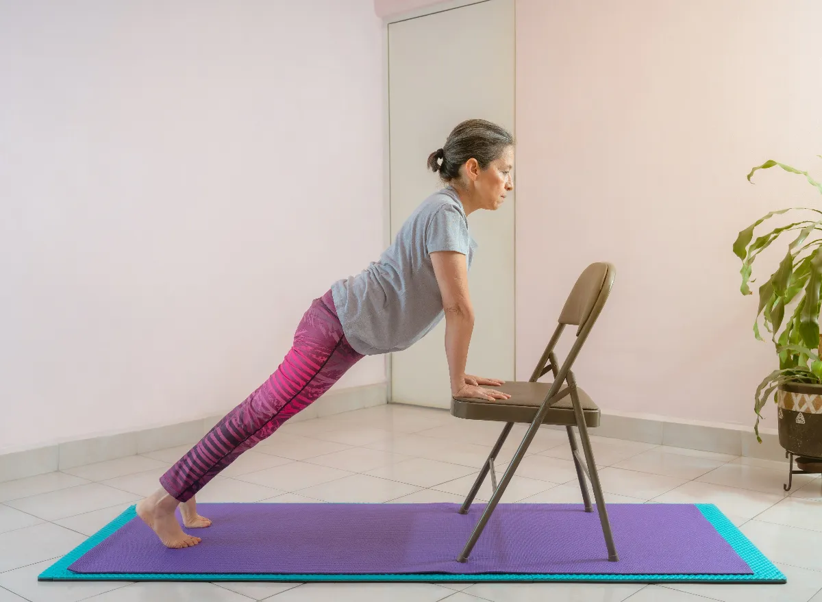 chair yoga plank, concept of chair yoga exercises for belly fat