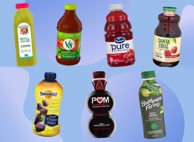 a collage of healthy store-bought juice brands on a designed blue background