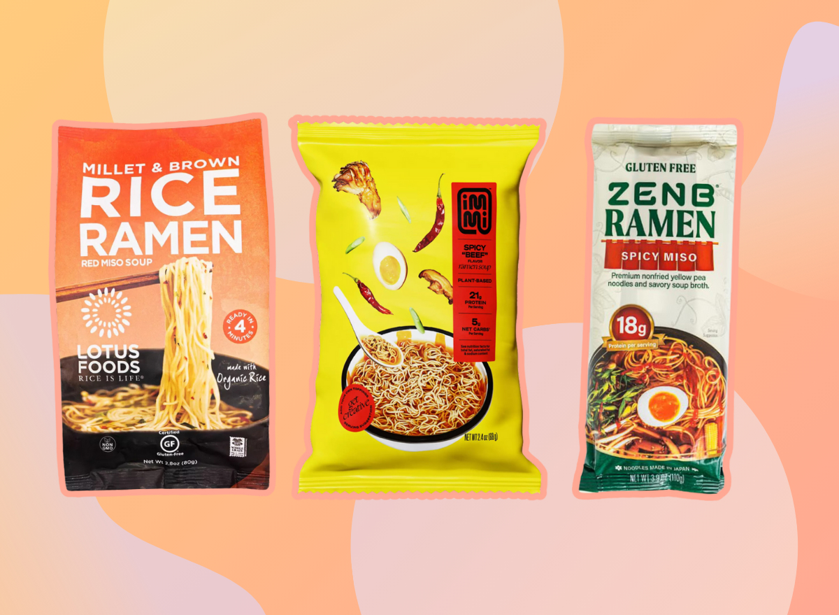 collage of healthy ramen noodles on a pink background