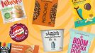 a collage featuring an assortment of healthy store-bought snacks for weight loss on a switly designed orange background