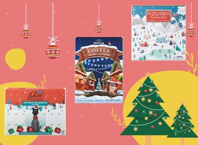 a holiday themed collage featuring Aldi's 2023 advent calendars