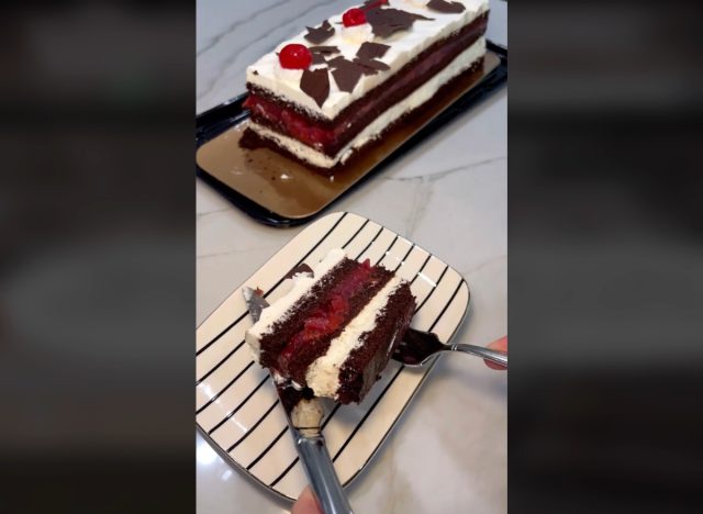 Costco's black forest bar cake with maraschino cherries