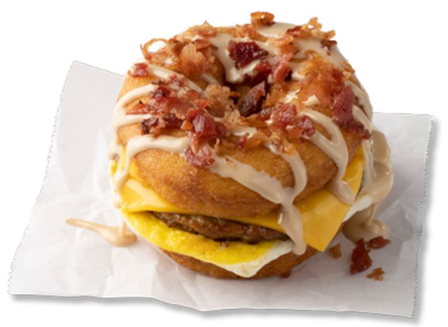 Duck Donuts Maple Drizzle, Chopped Bacon, Sausage, Egg & Cheese Breakfast Sandwich