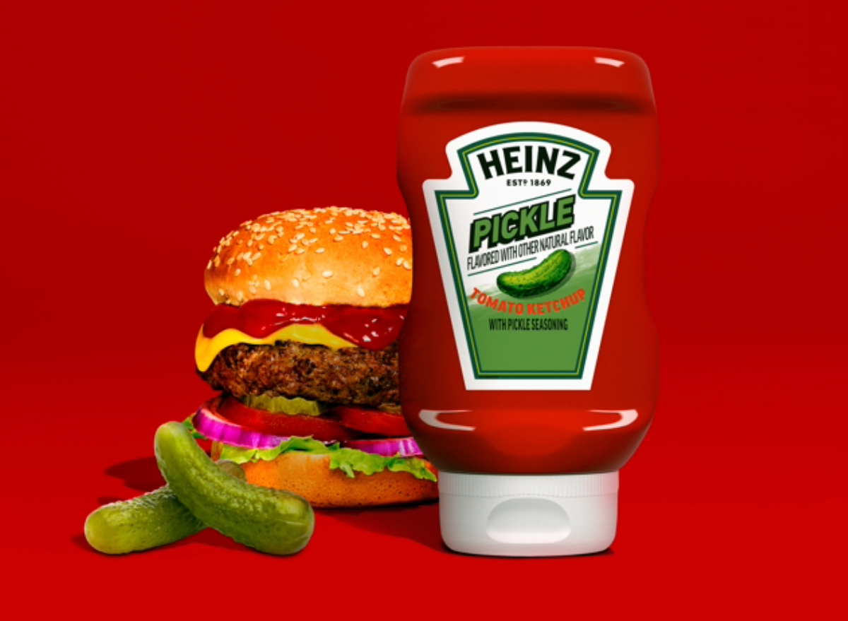 heinz pickle ketchup, burger, and pickles