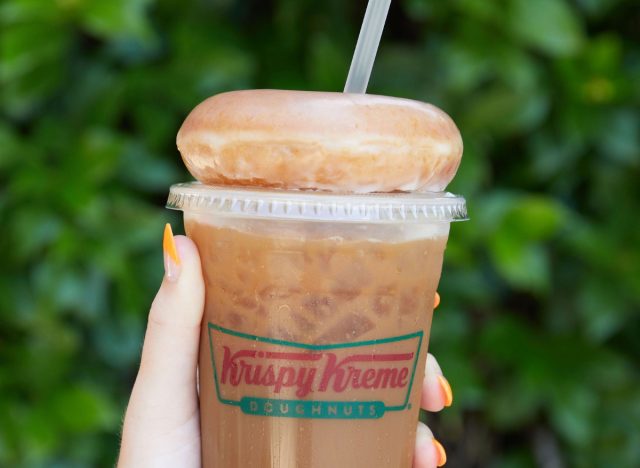 krispy kreme glazed doughnut and iced coffee