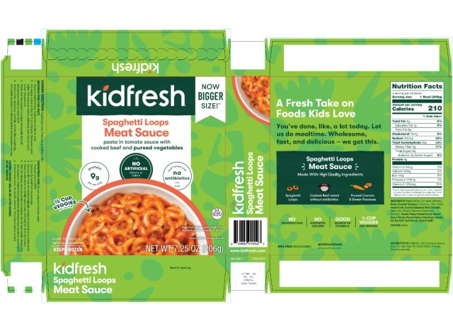 recalled kidfresh frozen spaghetti loops with meat sauce packaging