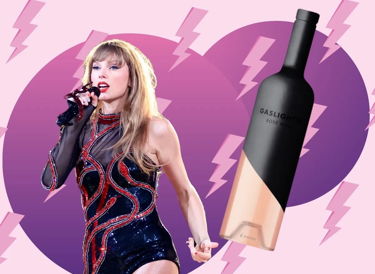 a collage of gaslighter rose wine next to a picture of taylor swift performing at her eras tour on a pink and purple background with lightning bolts