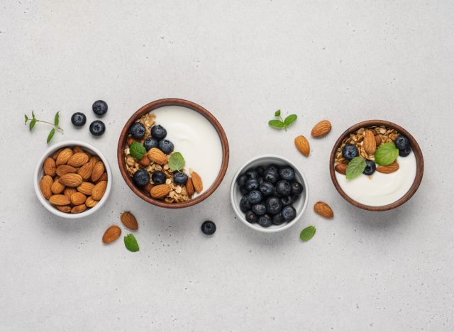 yogurt parfait ingredients, berries and nuts