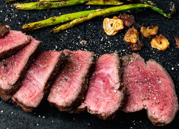 Chateaubriand filet with onion and asparagus, on plate